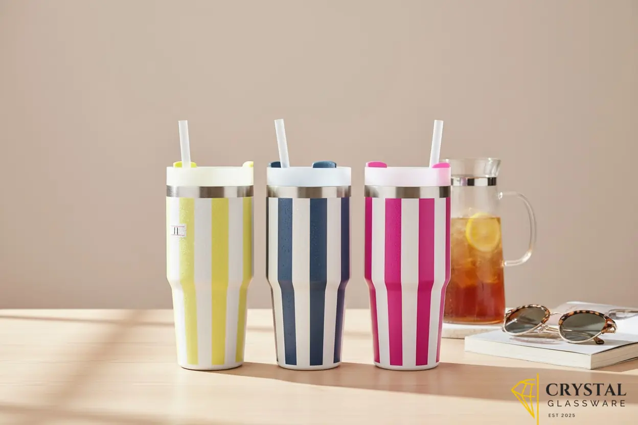 Pastel striped stainless steel vacuum tumblers with matching lids straws